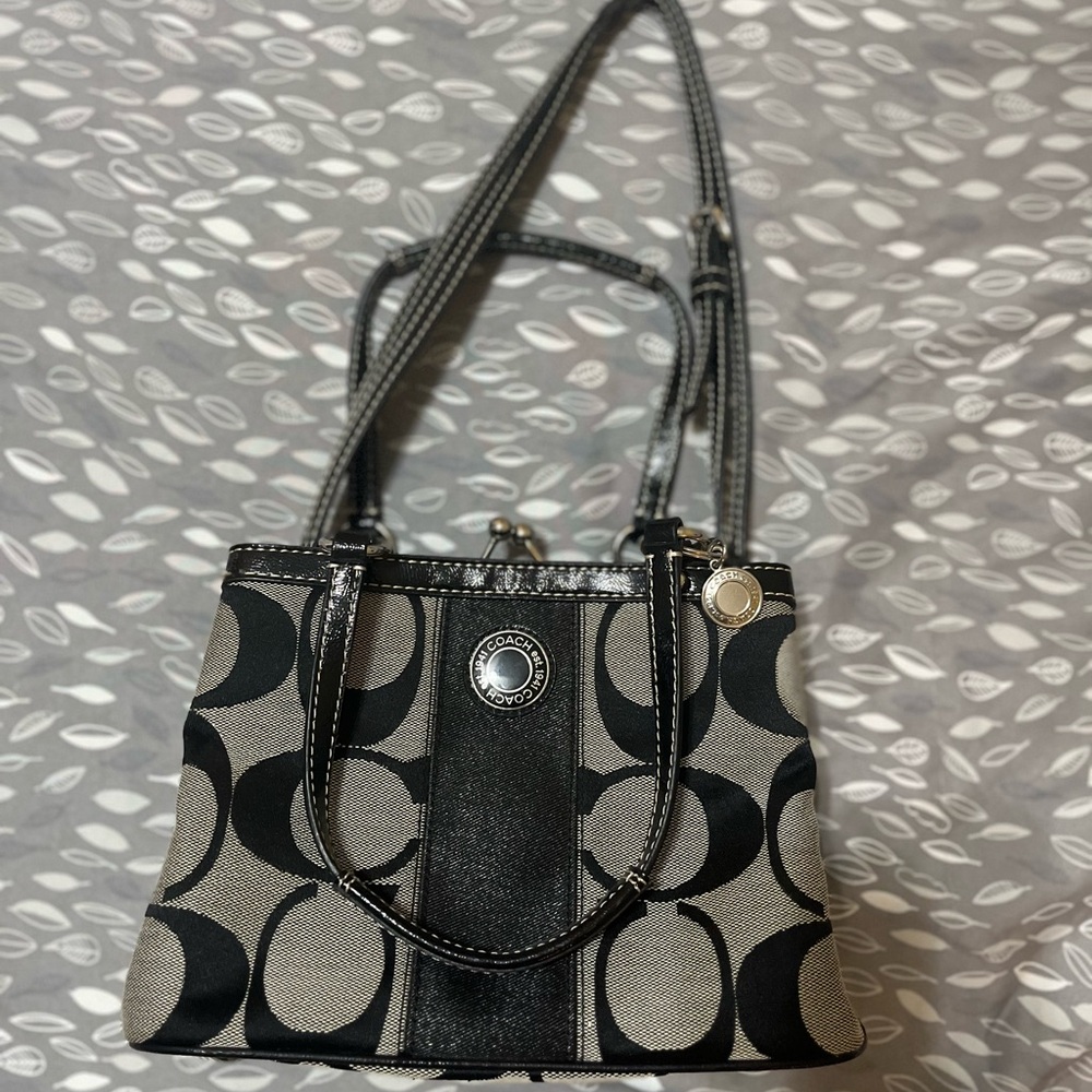 Coach Black and Gray Shoulder Bag with Signature Monogram